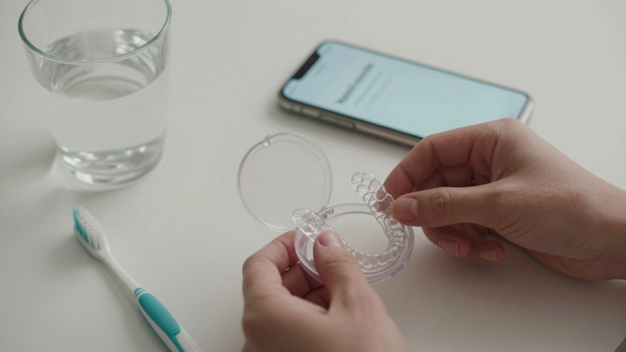 Ruce ukládají rovnátka do příslušenství vedle zubní kartáček a sklenice vody.