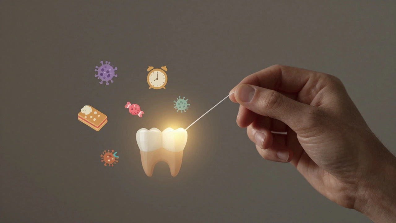 Ruka s nití čistící mezeru mezi zuby, zářící světlo odstranuje tmavé bakterie.