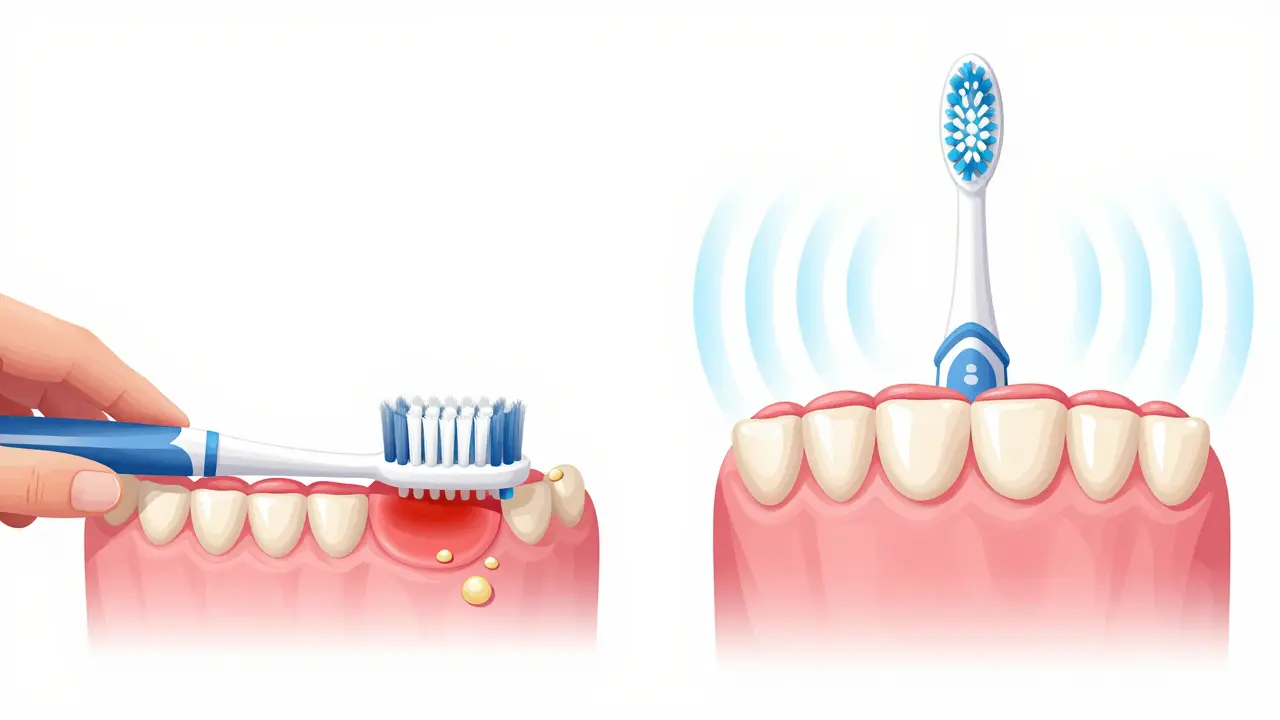 Side-by-side comparison of unhealthy vs. healthy gums with and without sonic toothbrush.