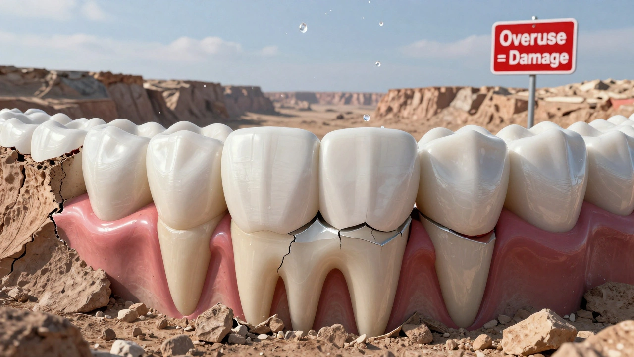 Symbolický obraz poškození zubní skloviny kvůli přehánění bělení.