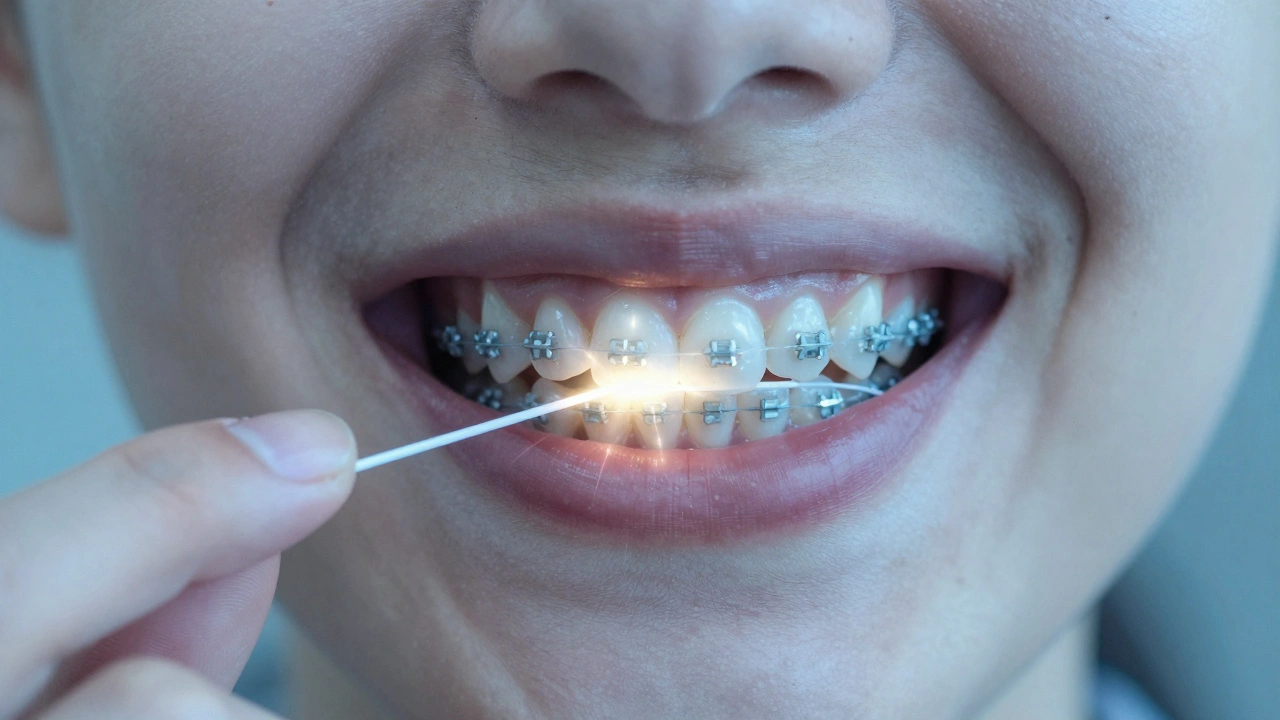 Transparentní úsměv ukazující demineralizaci zubů u rovnátek.