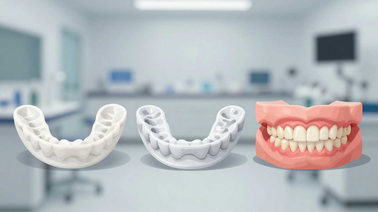 Tři typy zubních štítů: hotový, vařený a individuálně vyrobený, srovnávány podle ochrany.