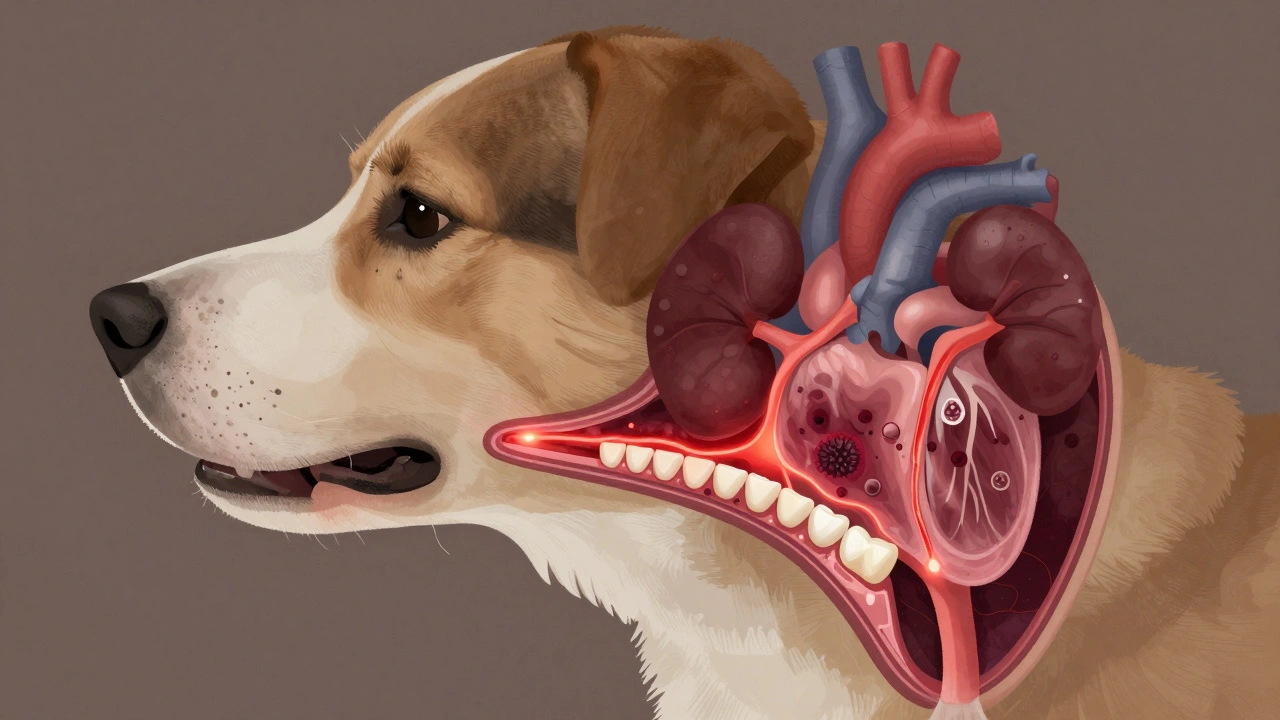 Vnitřní výřez psí hlavy s infekcí šířící se k srdci