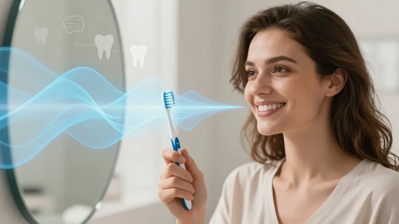 Žena používá sonický kartáček a směje se, zuby jsou čisté a dásně zdravé.