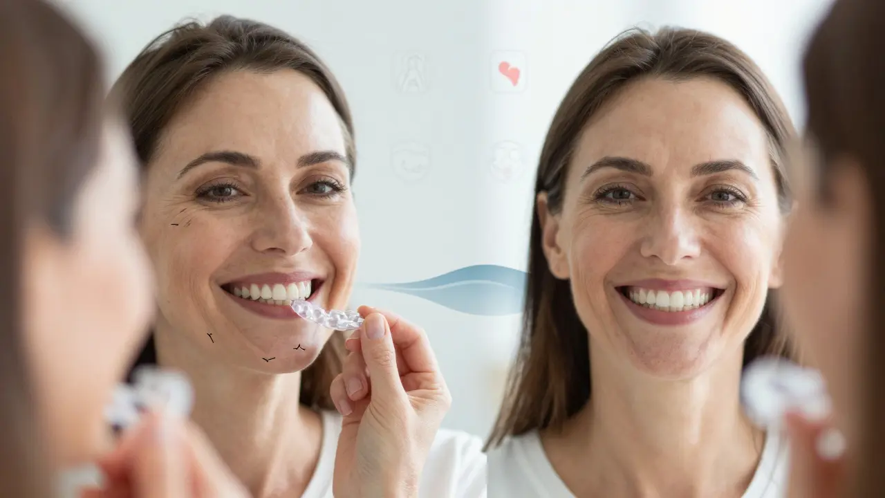 Žena s neviditelnými rovnátky smíří se s opraveným úsměvem, v porovnání s dřívějším poškozením zubů.