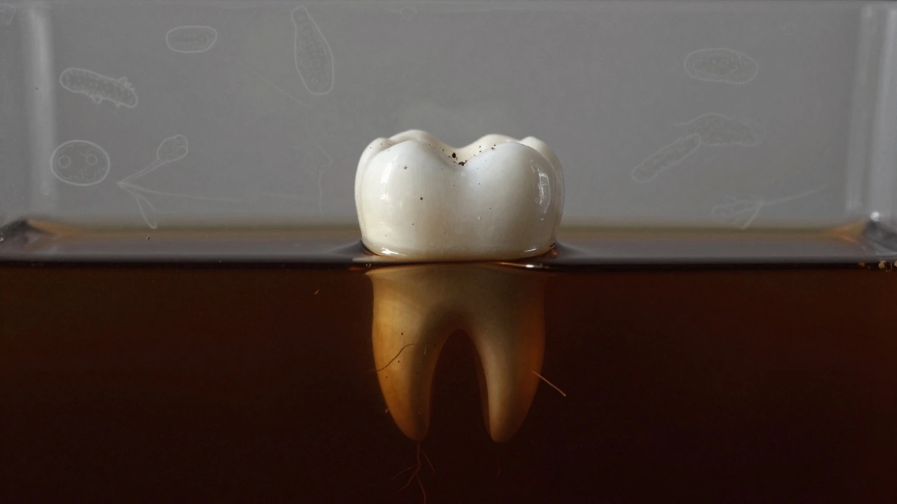 Zub částečně ponořený v tmavé tekutině s černým kamenem rostoucím nahoru.