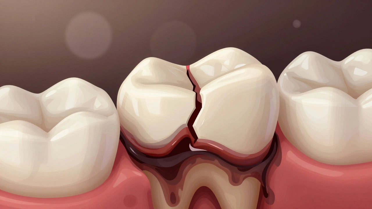 Zub s rozšiřující se kávou pod poškozenou plombou, viditelná destrukce zubní tkáně.