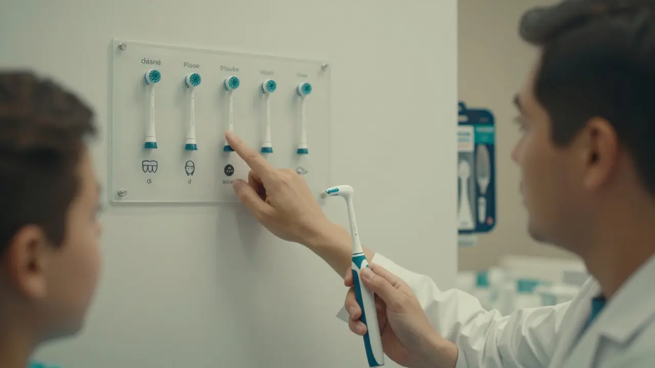 Zubař ukazuje pacientovi diagram s různými hlavičkami Sonicare v klinice.