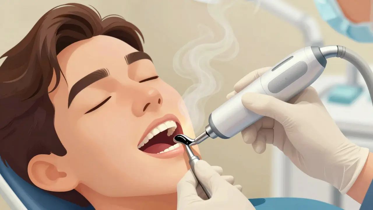 Zubní lékař odstraňuje černý kámen ultrazvukovým skrabením.