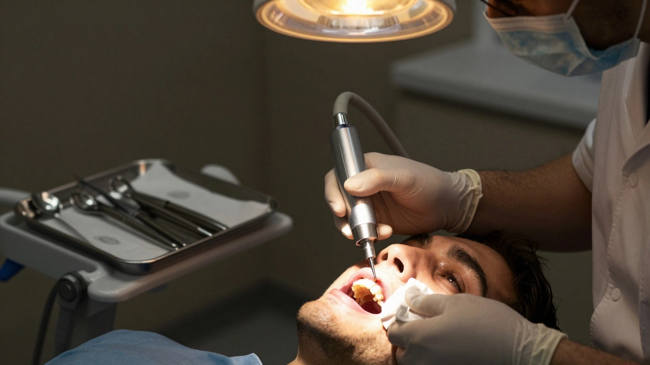 Zubní lékař odstraňuje kámen pod dásní ultrazvukovým čističem