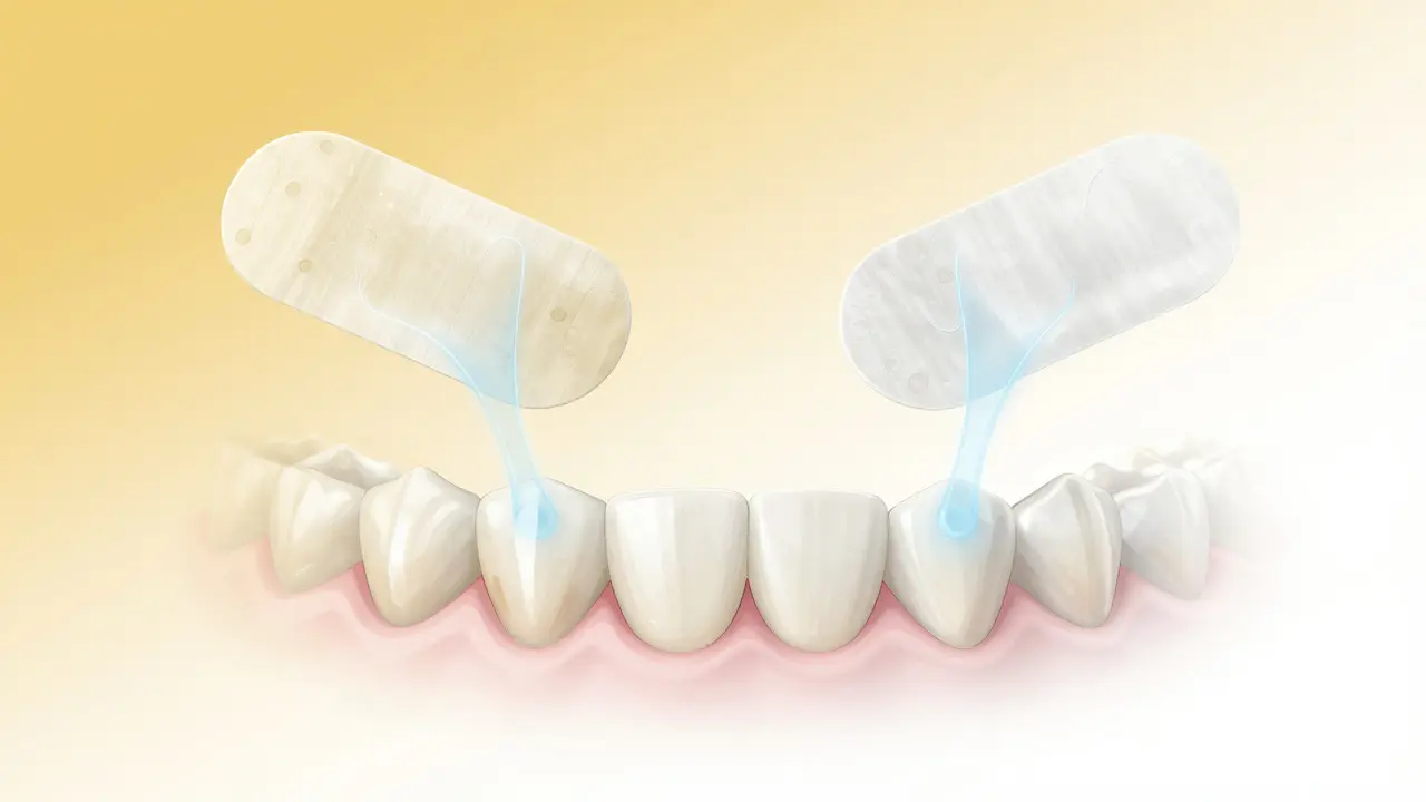 Bělicí pásky na zubech s jemnými chemickými stopami pronikajícími do skloviny.
