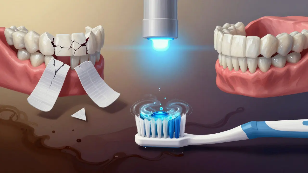 Čtyři metody bělení zubů: pásky, formátky, profesionální bělení a bělicí pasta.