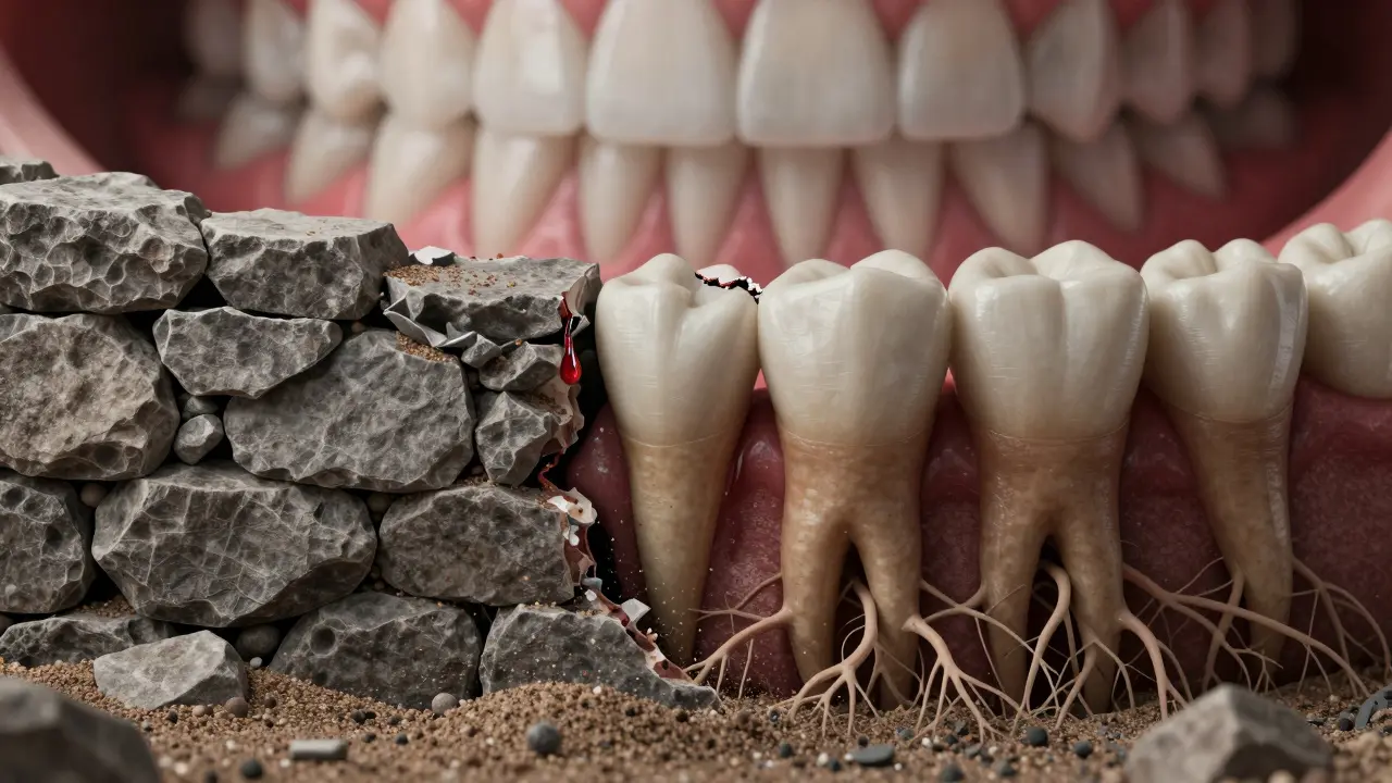 Dásně jako zdivo, které se řítí pod tlakem abrazivních částic, s krvavou kapkou.