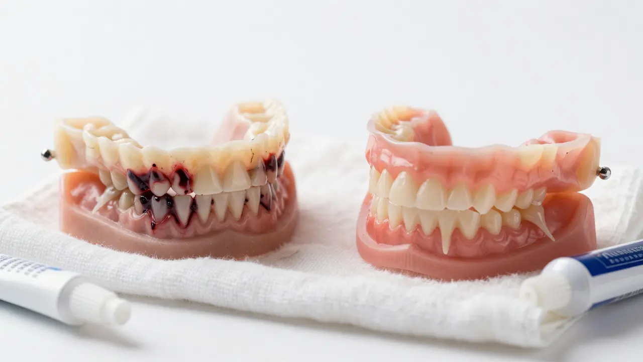 Detailní zobrazení dvou typů nalepovacích zubů z měkkého silikonu s přirozenými nerovnostmi.