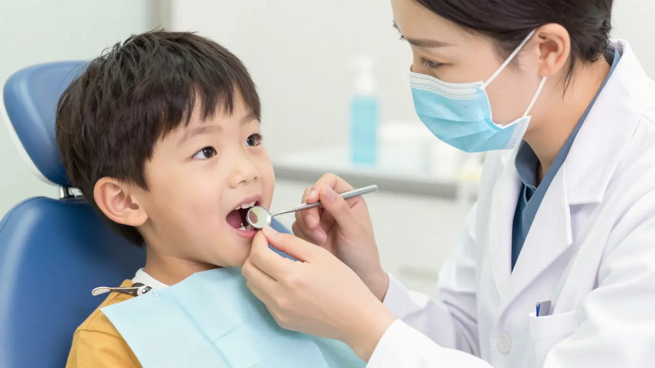 Dětský zubař jemně prohledává ústa dítěte v klidné atmosféře.