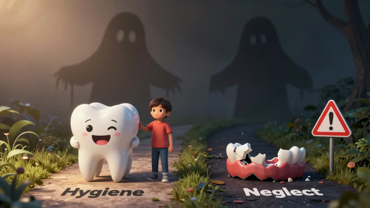 Dítě stojí na cestě k zdravým zubům, zatímco za ním stíny ztracených zubů.