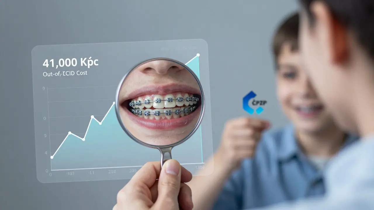 Dospělý muž hledí do zrcadla s keramickými rovnátky, na pozadí graf výdajů a pojišťovací logo.