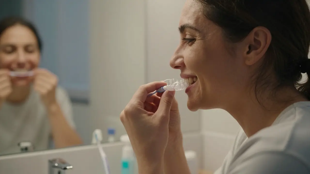 Dospělý pacient s retentorem v ruce, usmívající se do zrcadla