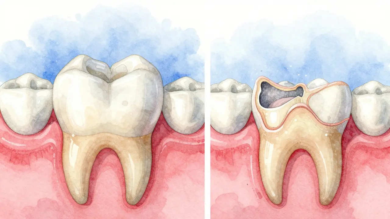 Dva srovnávací řezy zubu: zdravé dásně vs. poškozené dásně od abrazivní pasty.