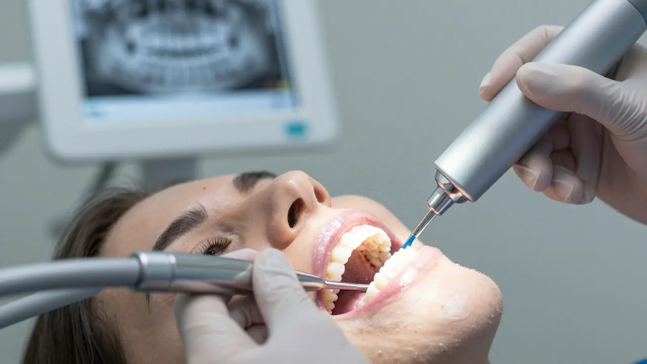 Hygienička čistí zuby pomocí prachového proudu, odstraňuje plak a barviva.