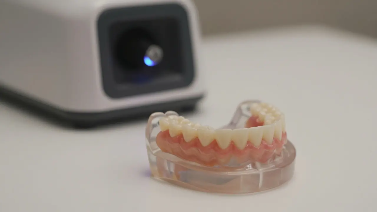 Moderní nasazovací zuby na bílém pozadí s detaily gumy a zubů.