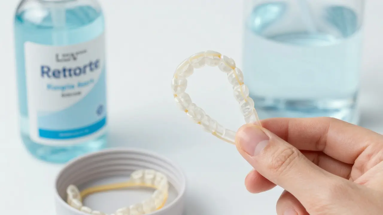 Nové gumičky na rovnátka jsou drženy mezi prsty, staré jsou v koši.