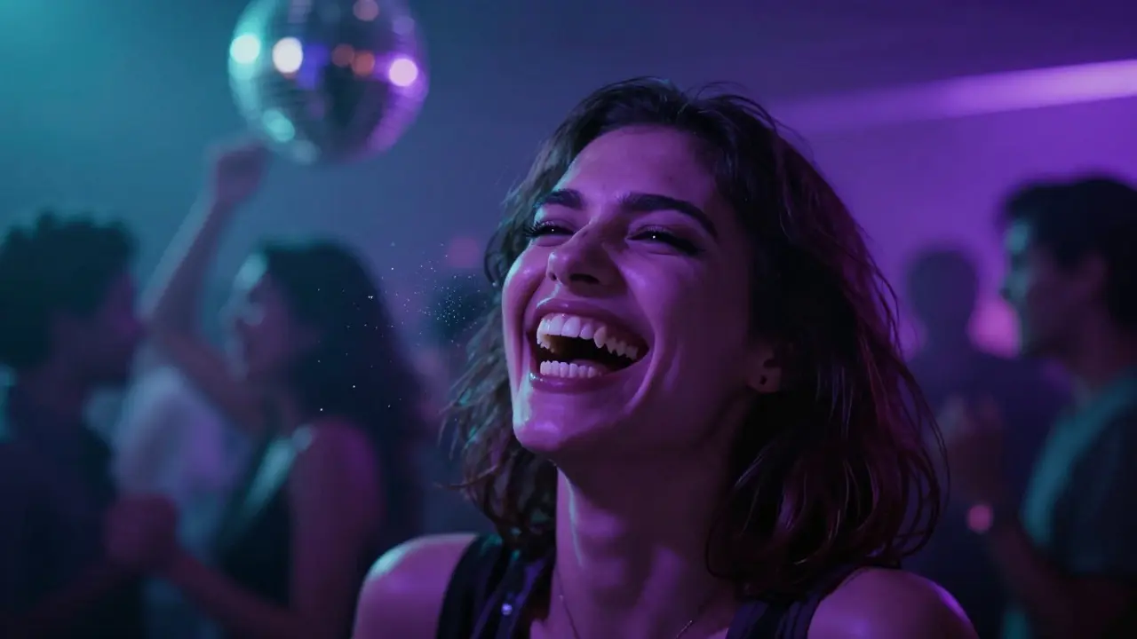 Osoba se směje na párty s realistickými vampire zuby pod neonovým osvětlením.