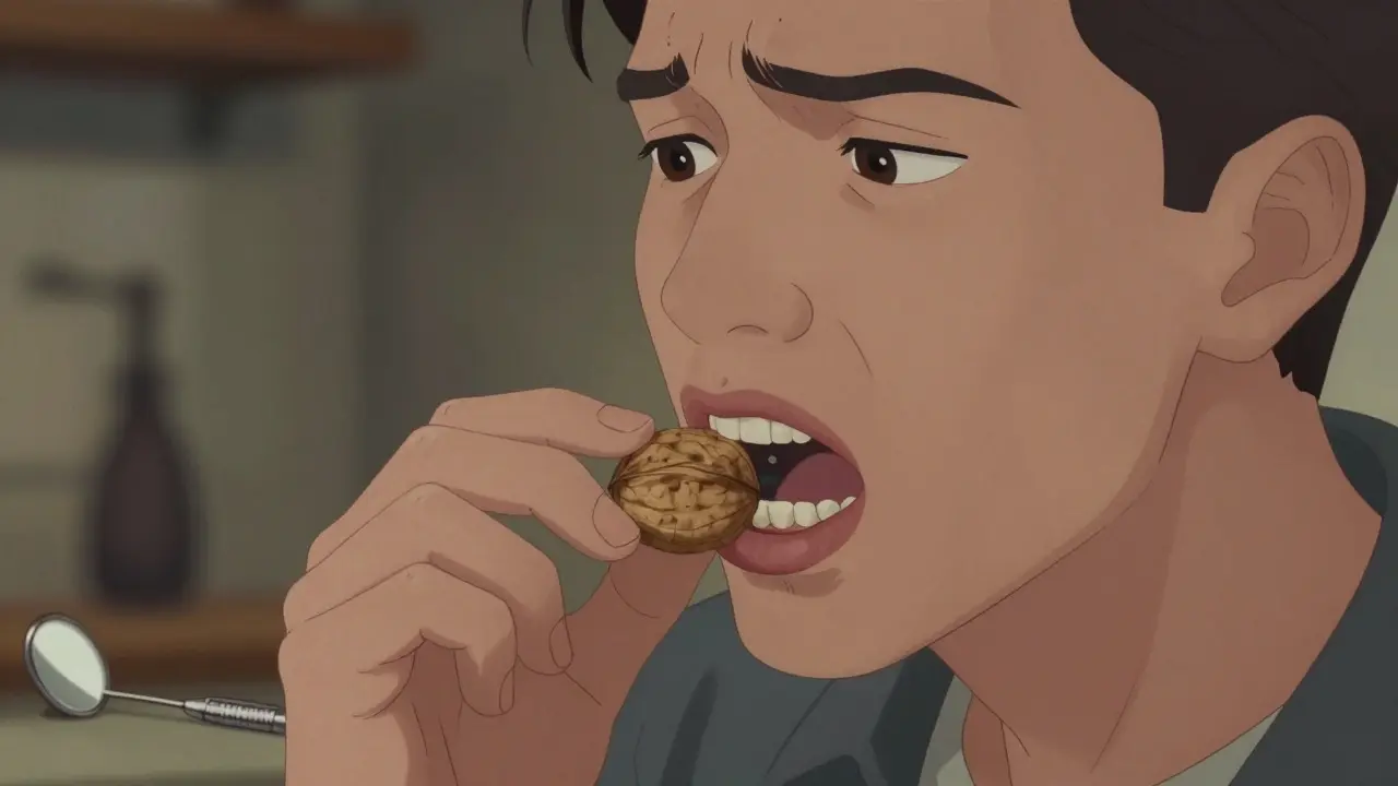 Osoba vyhýbá se žvýkání na straně s amalgámovou plombou.