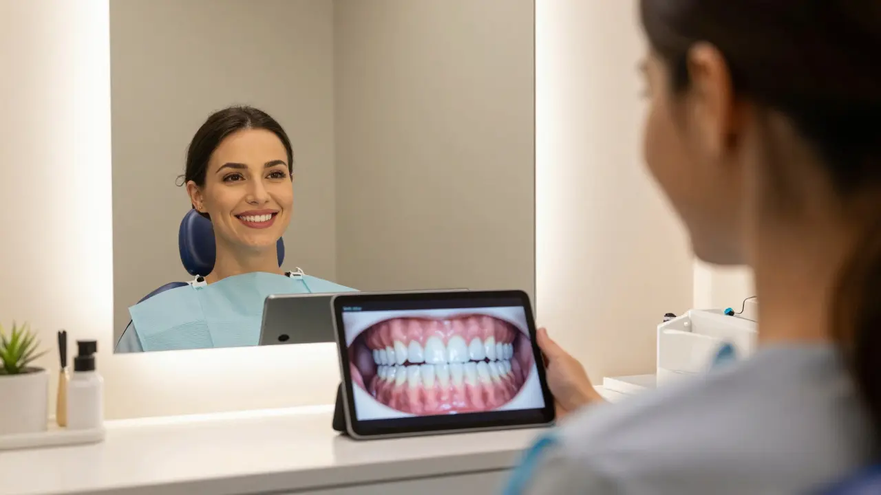 Pacient si prohlíží digitální simulaci výsledku v zrcadle, kdy se křivé zuby stávají rovnoměrnými.