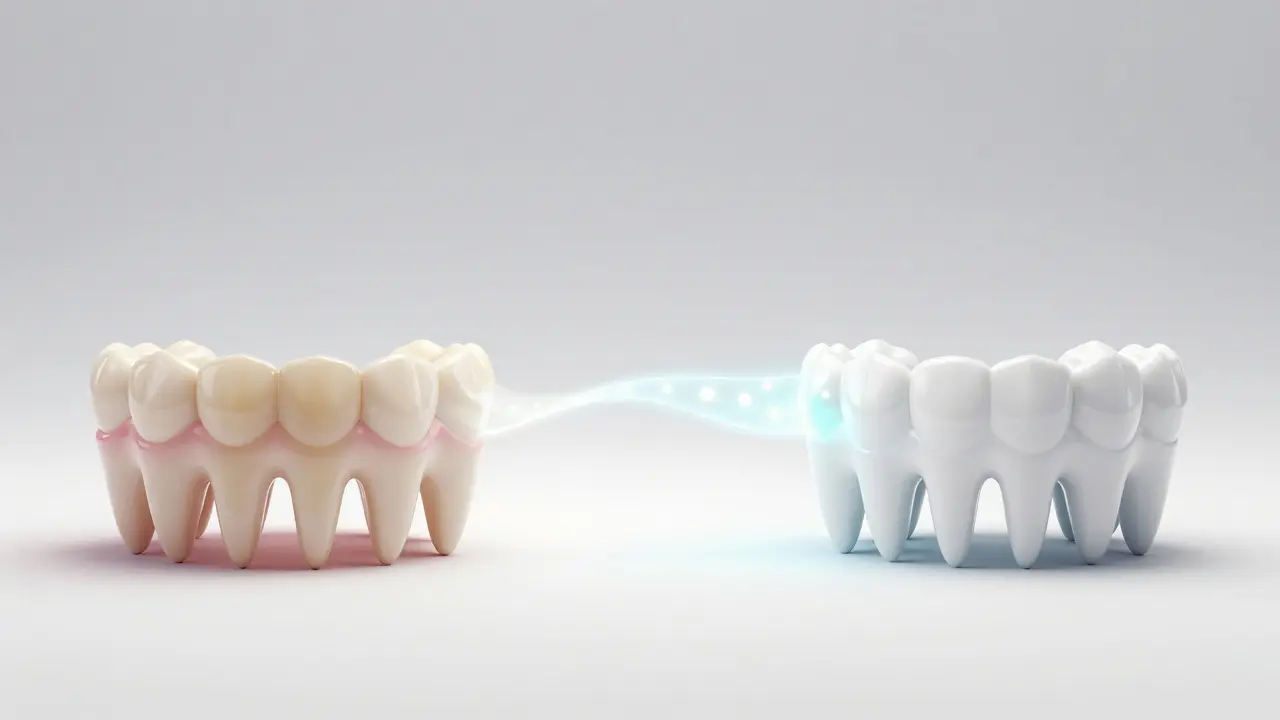 Před a po: zbarvené zuby přeměněny na běloucí po profesionálním bělení.