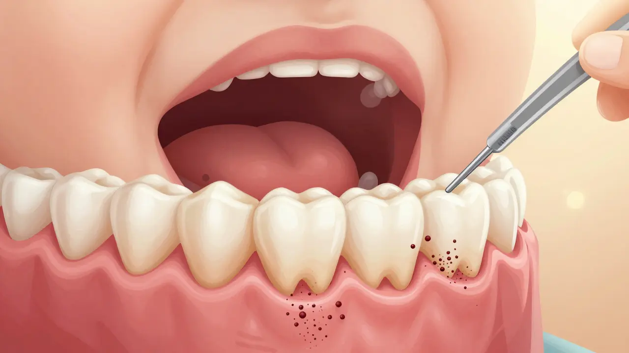 Přehled úst dítěte s plakem a zubním kamenem postupně ničícím dásně a kost.