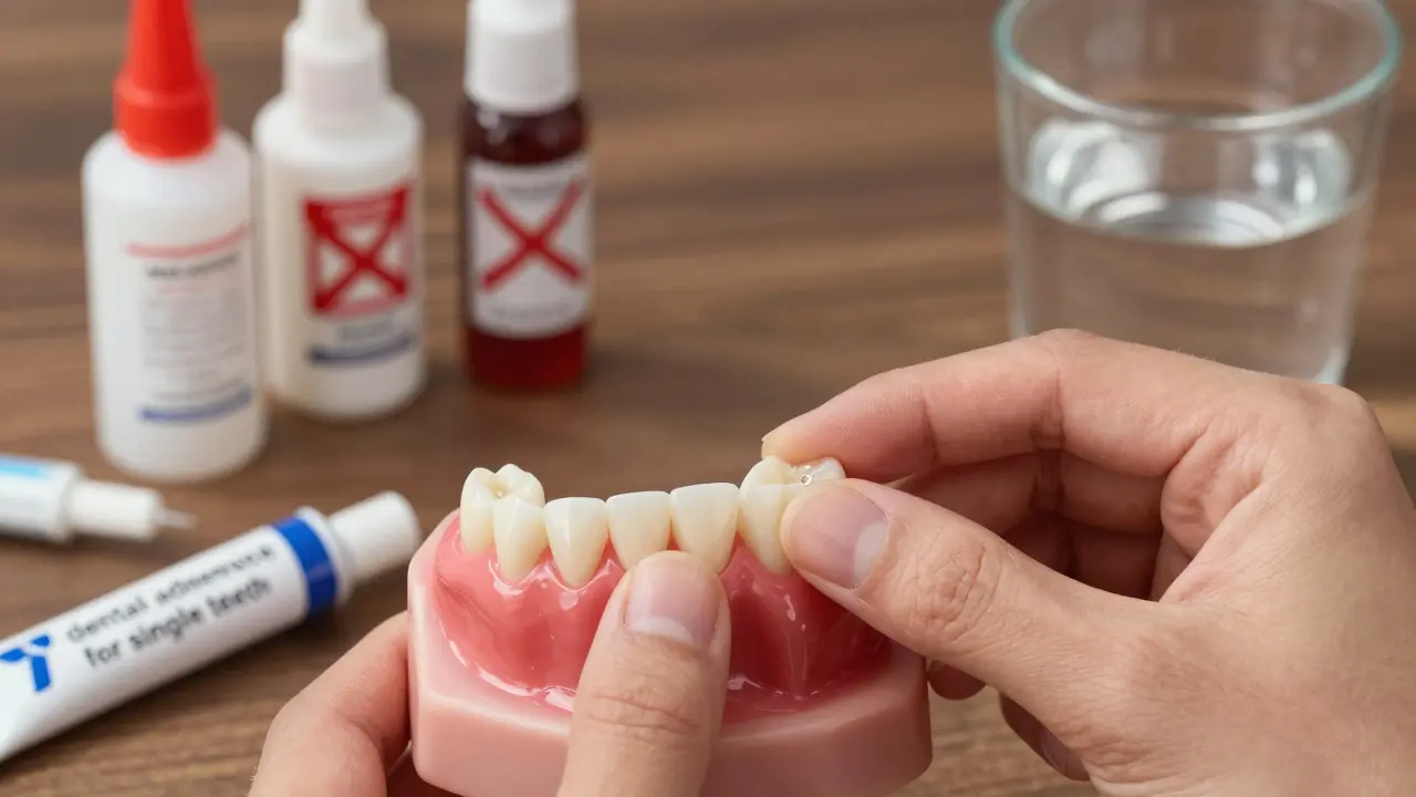 Ruka přilepuje dočasný zub do mezery mezi skutečnými zuby.