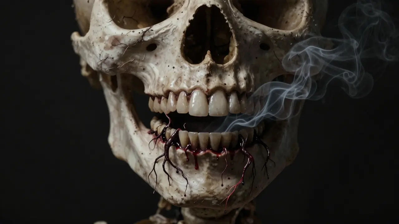 Smích přeměněný na lebku s kámen jako invazivními kořeny.