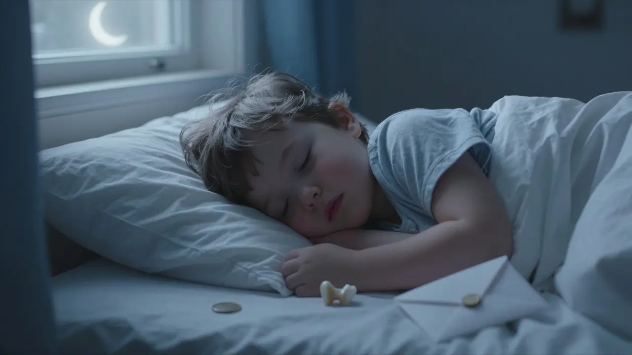 Spící dítě s vypadlým zubem na polštáři a mincí v obálce.