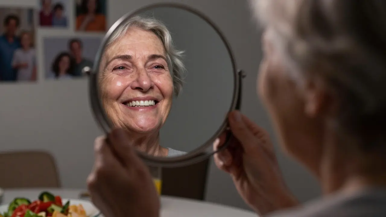 Starší žena se dívá do zrcadla a vidí svůj nový úsměv.