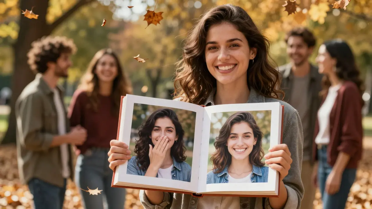 Žena drží fotky s před a po úpravě zubů, směje se v parku.