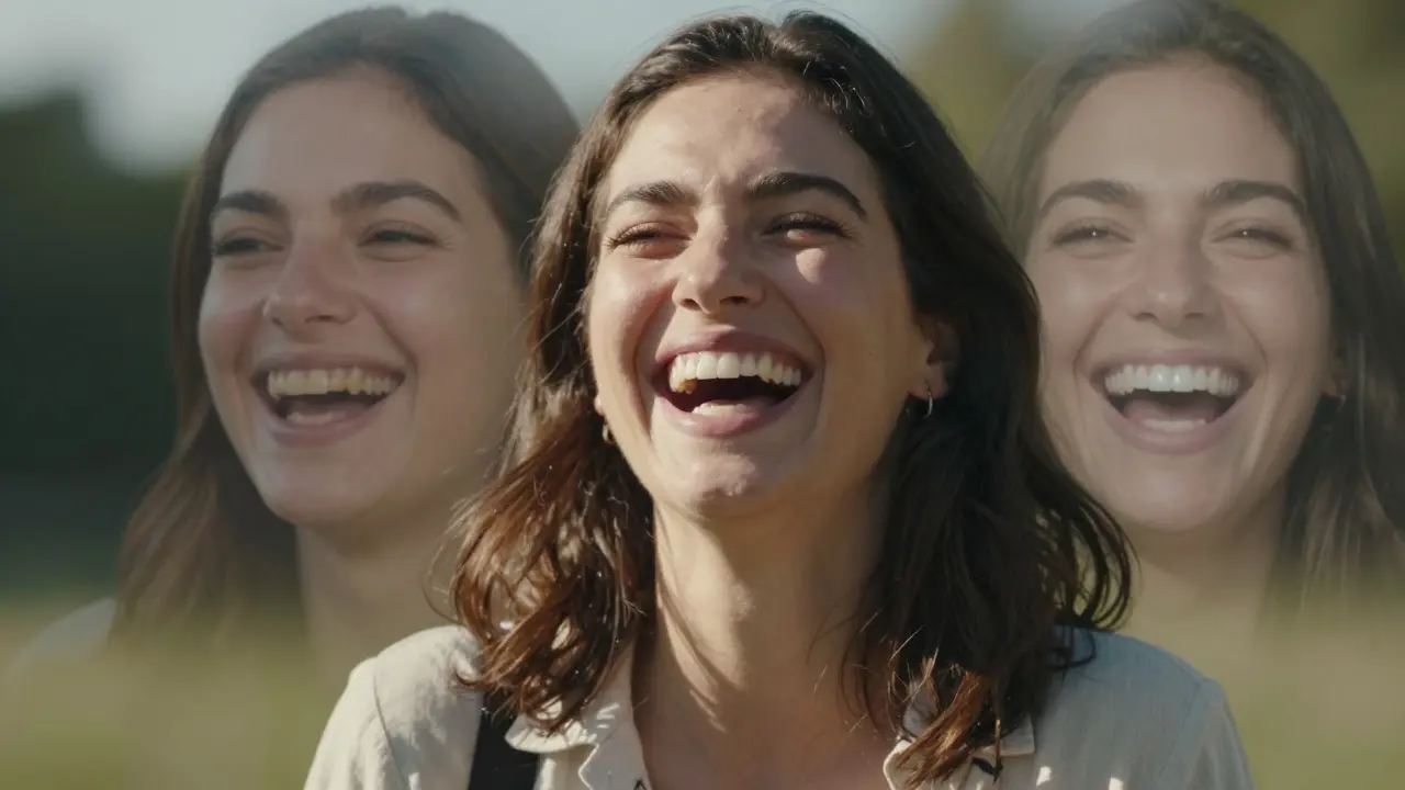 Žena se směje na slunci, její zuby jsou jasnější než dříve.