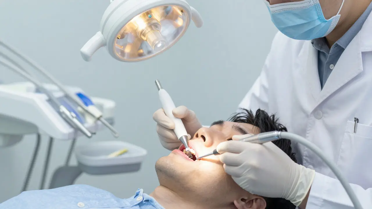 Zubař odstraňuje zubní kámen ultrazvukovým nástrojem pod dásněmi.