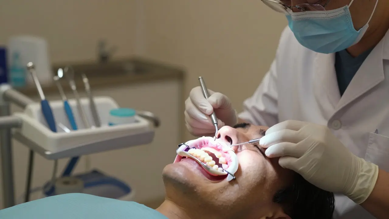 Zubní lékař aplikuje individuální formátku s bělicím gelem pacientovi.