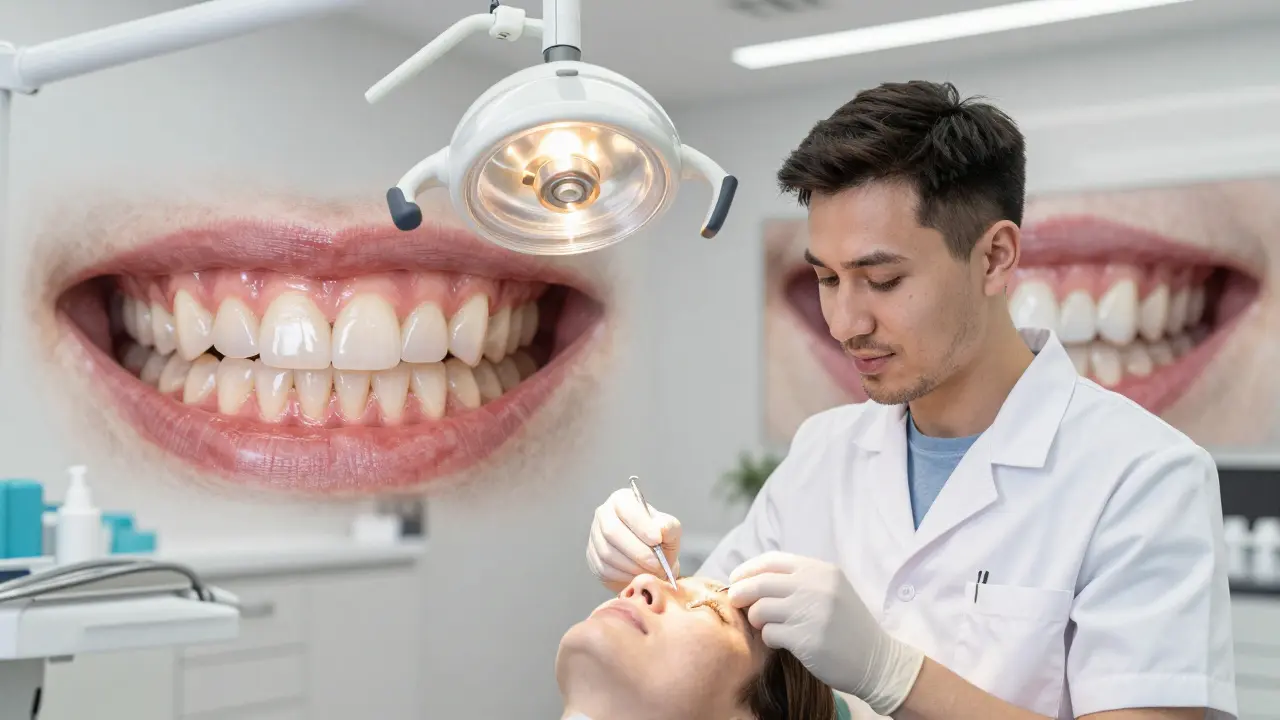 Zubní lékař připevňuje keramické fazety na přední zuby pacienta v klinice.