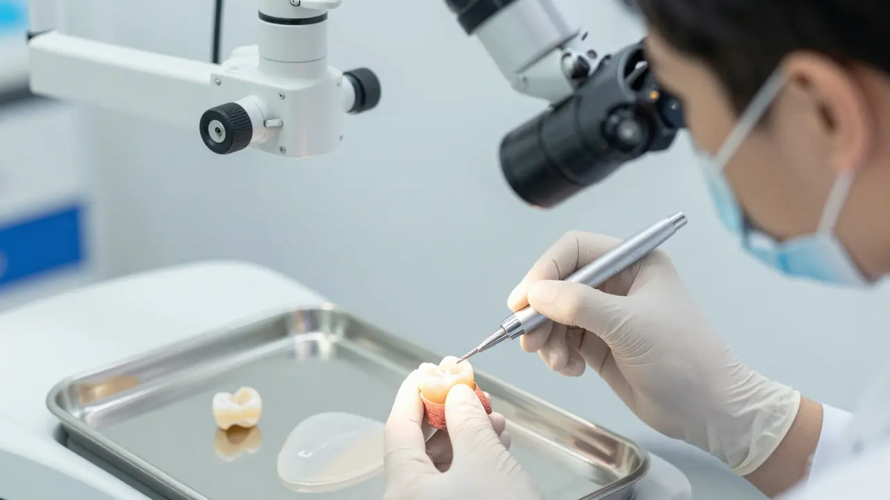 Zubní lékař připravuje zub k nasazení keramické onlay pomocí kyseliny a mikroskopu.