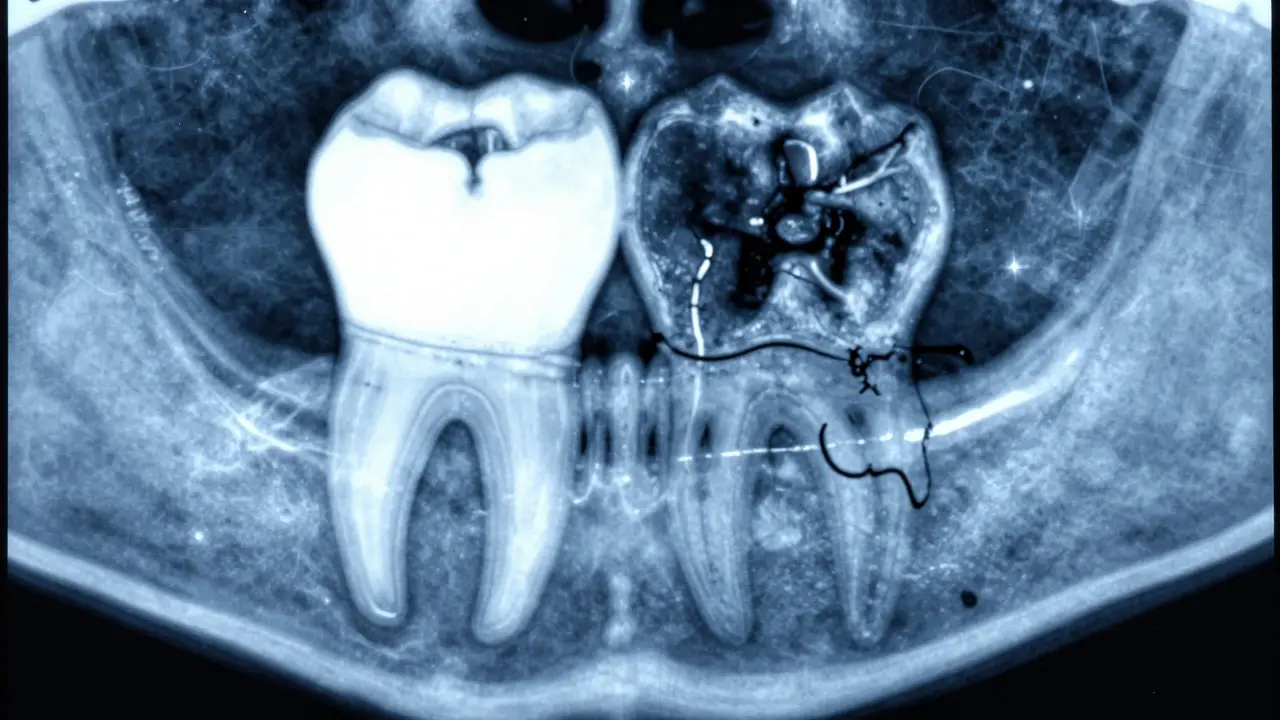 3D rentgenový snímek čelisti s porovnáním zdravé a resorbované okostice pod korunkou.