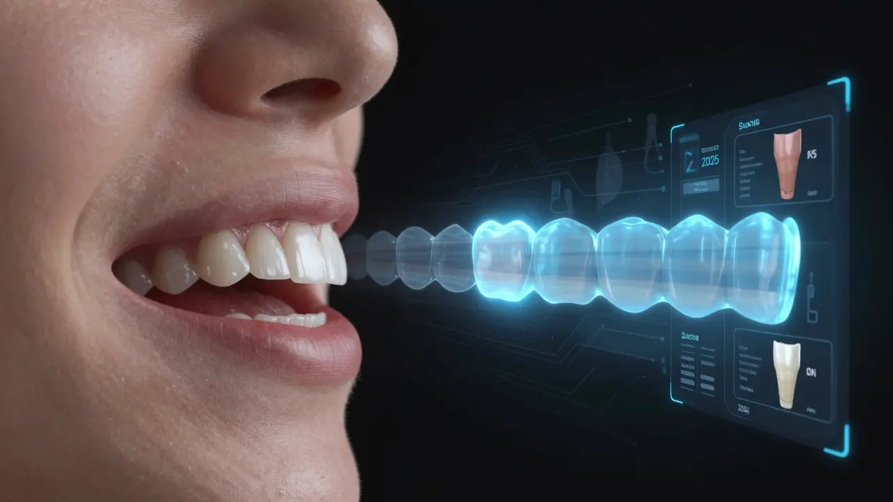 A smiling face with intelligent veneers glowing blue as they react to acidity, symbolizing self-repair technology.