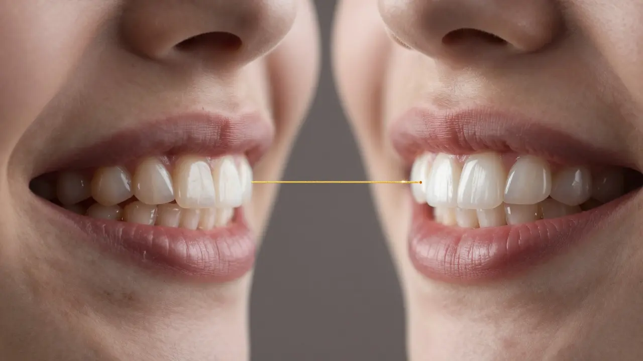 Before-and-after comparison of teeth with and without ceramic veneers.