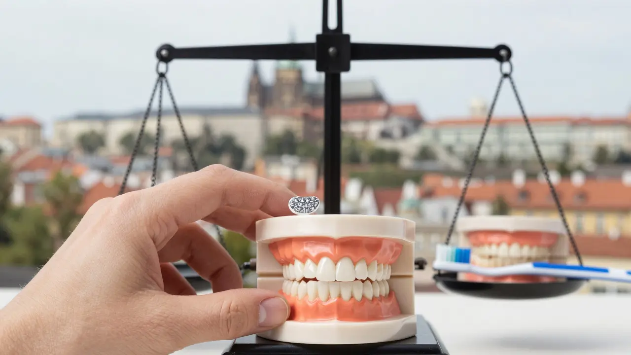 Ceramic veneer beside dental model with symbols of quick beauty vs long-term health