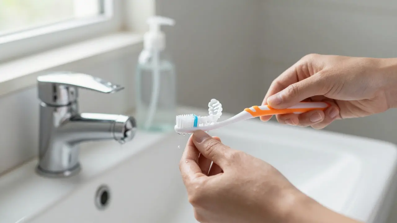 Čistění nasazovacích zubů měkkým kartáčkem v umyvadle