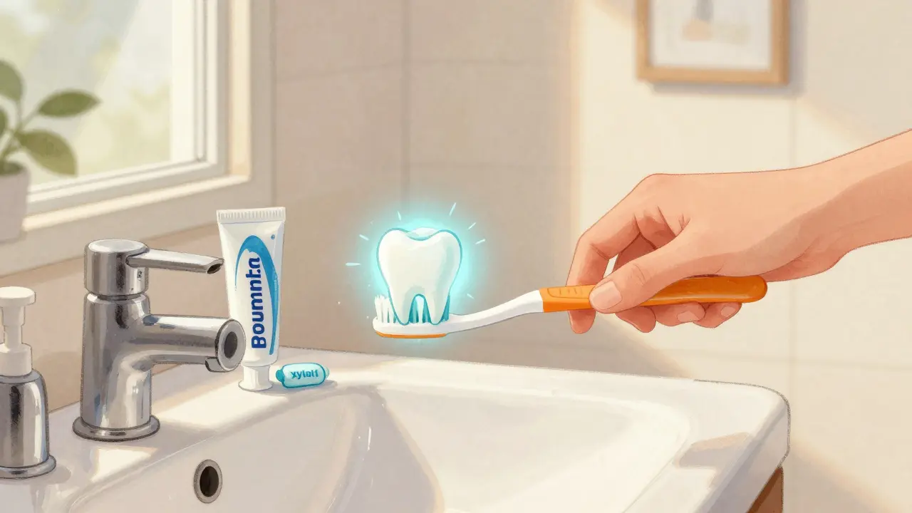 Člověk čistí zuby měkkým štětcem s fluoridovou pastou a xylitolovou žvýkačkou na stole.