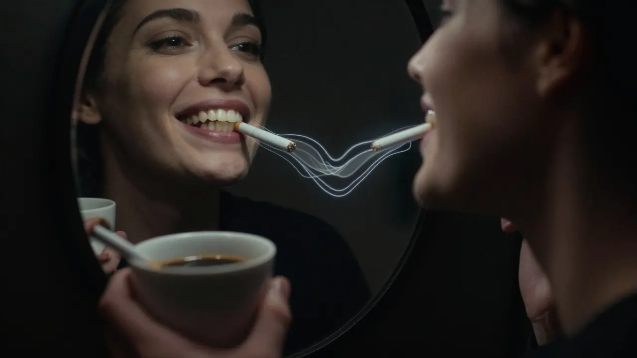 Člověk s kávou a cigaretou, v zrcadle se objevuje černý zubní kámen na zubech.