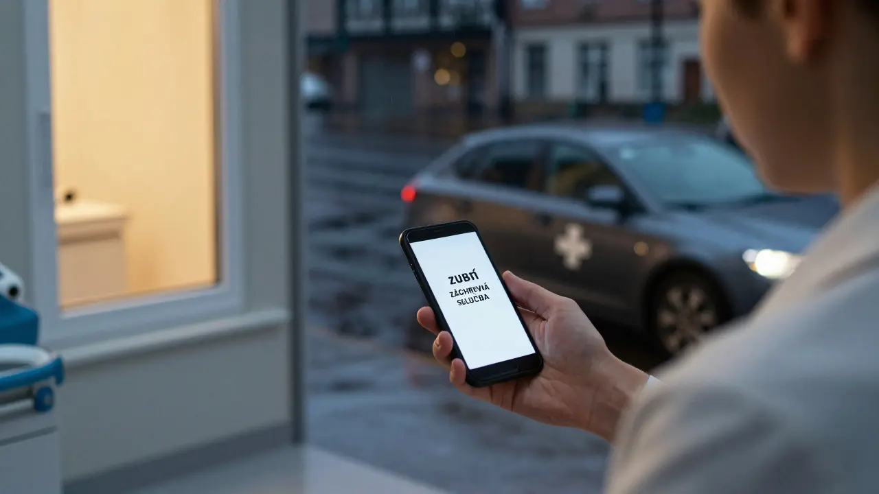 Dentální ordinace v noci s autem záchranné služby přijíždějícím k budově.