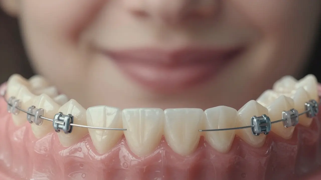 Detail zubního oblouku s keramickými rovnátky, přirozená barva se slévá s zuby.